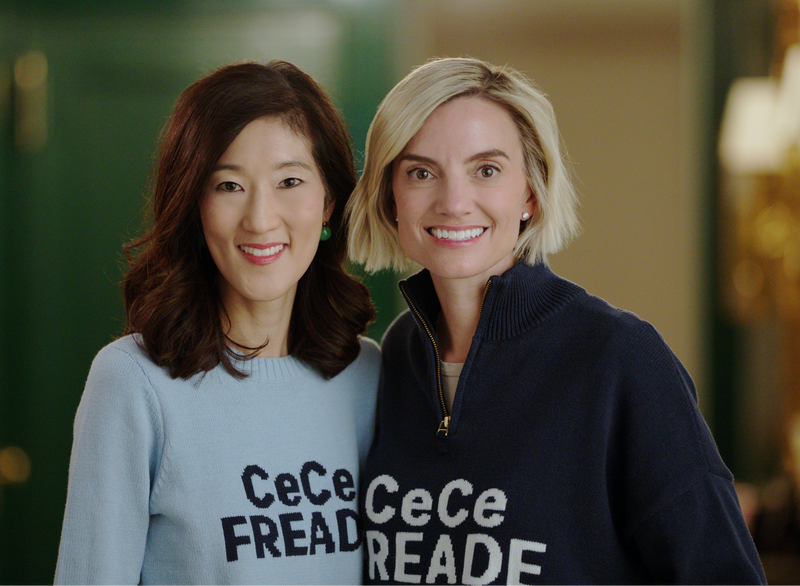 Caroline and Casey, founders of CeCe Freade wearing sweaters with 'CeCe Freade' on them. 